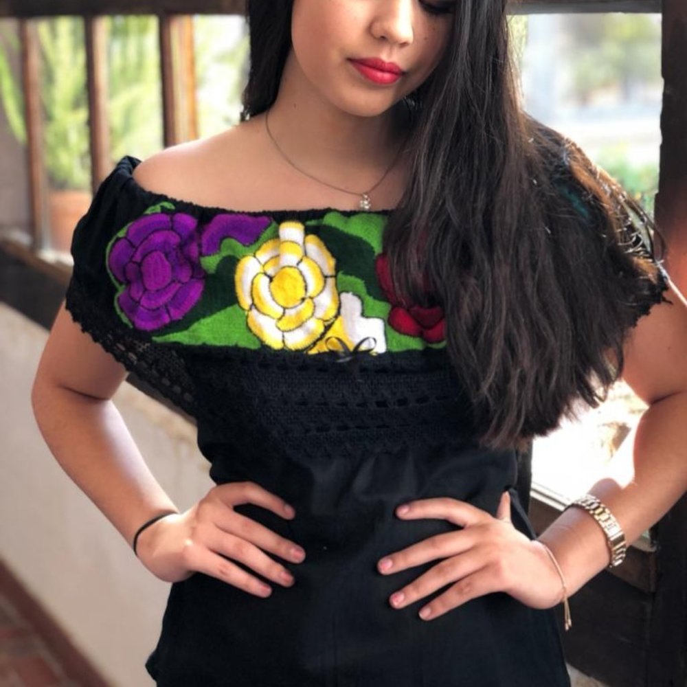 Campesina Blouse With Embroidered Flowers - Small,  Black
